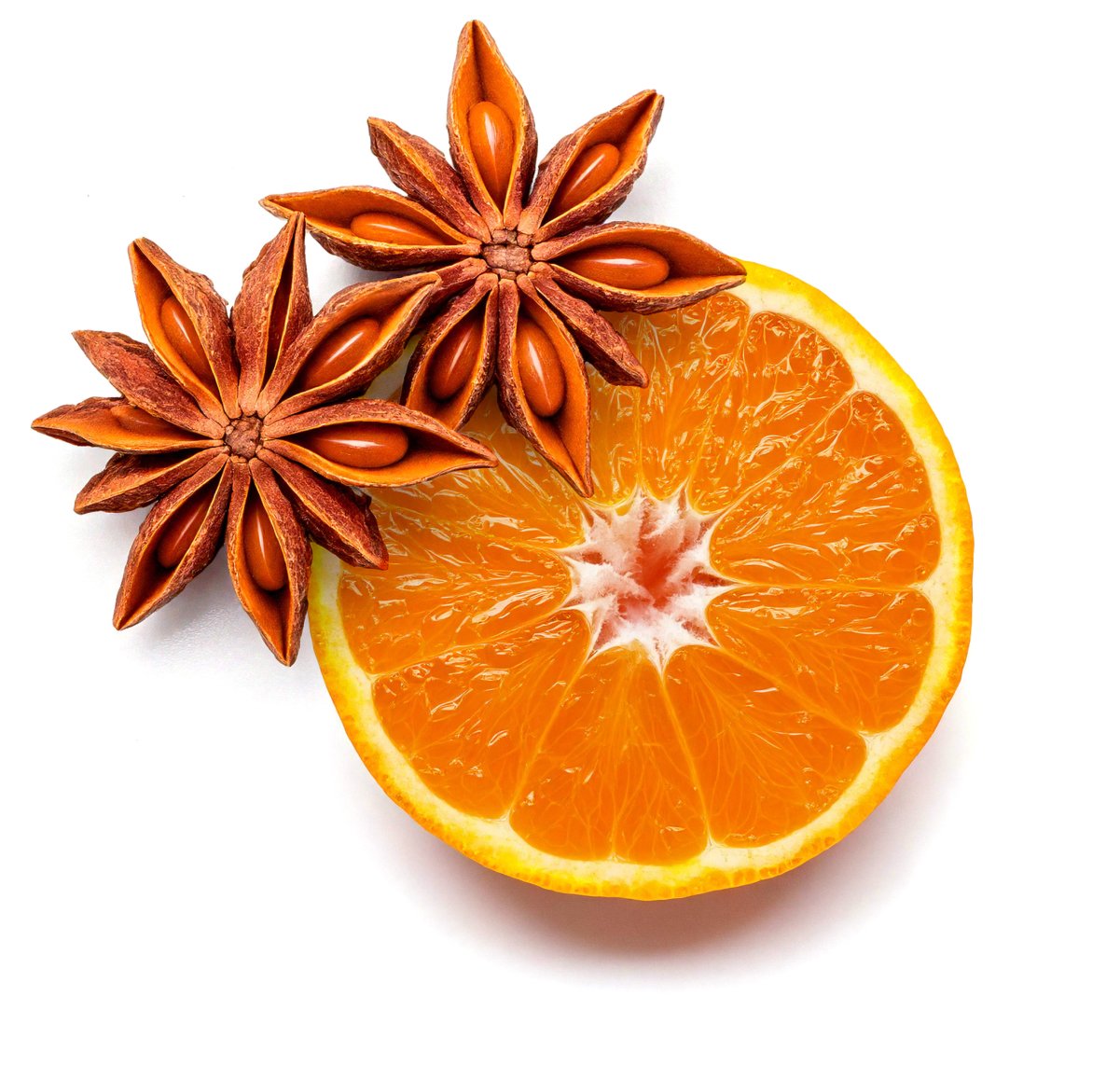 Mandarin slice with two star anise pods on a white background representing Alcirelli natural extracts.